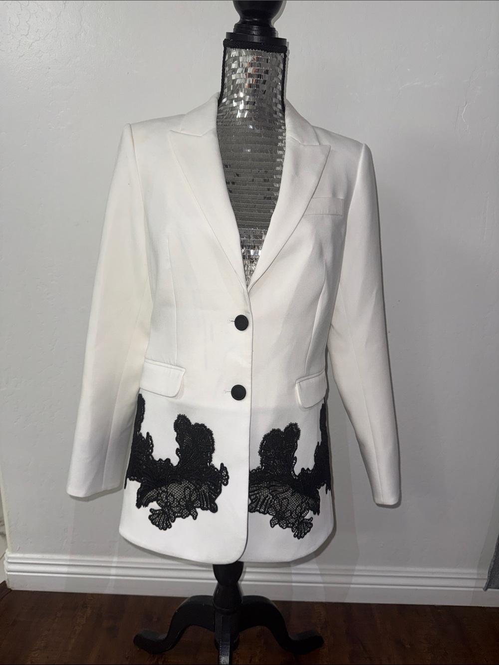 White House Black Market White Blazer with Black Lace Hem Appliqué